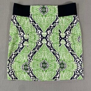 J.McLaughlin Women's Green Navy White Paisley Print Elastic Waist Skirt‎ Size 10